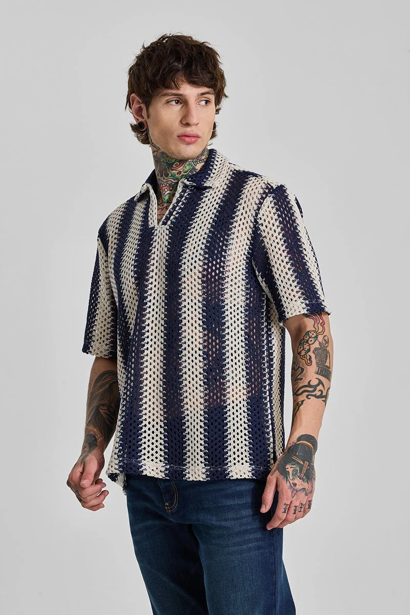 SNITCH Navy Stripes Box Fit Crochet T-Shirt